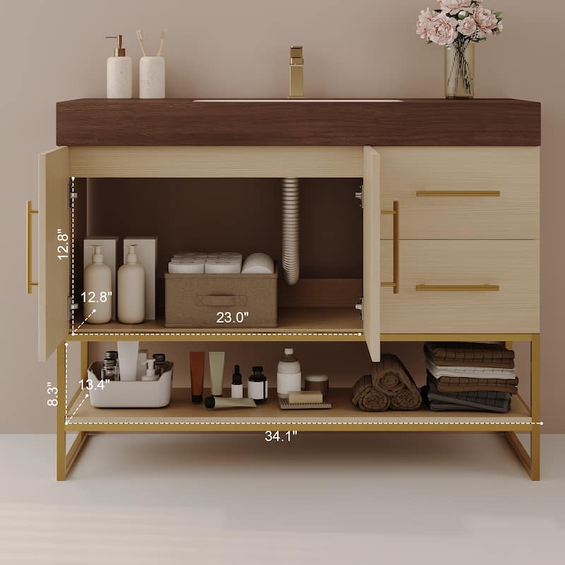 36 Inch Modern Bathroom Vanity with Seamless Ceramic Sink, Freestanding Cabinet with Gold Accents and Storage