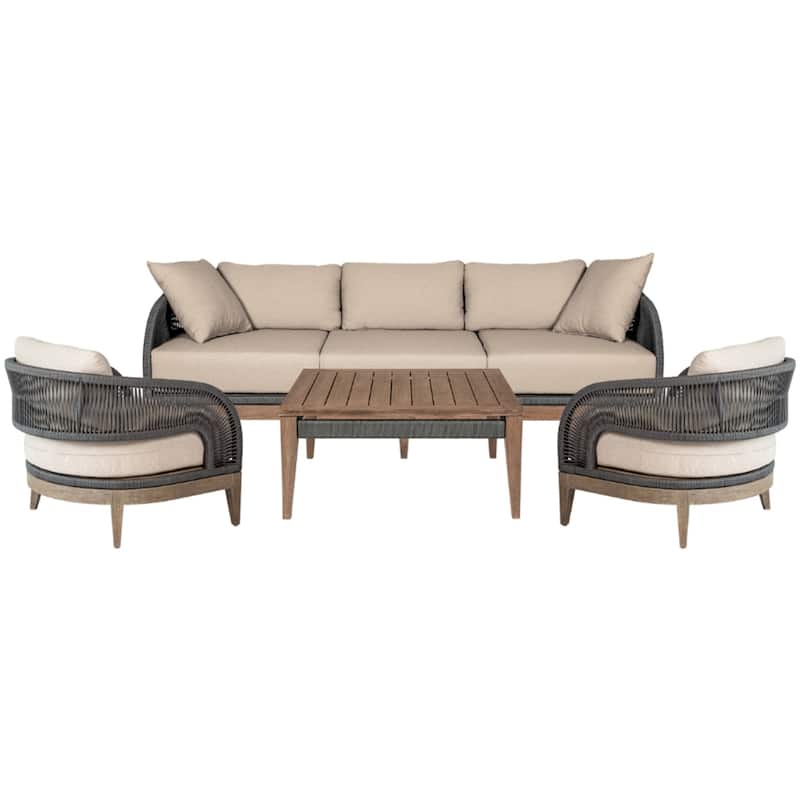 Orbit Outdoor Patio 4 Piece Conversation Set in Weathered Eucalyptus Wood with Gray Rope and Taupe Olefin Cushions