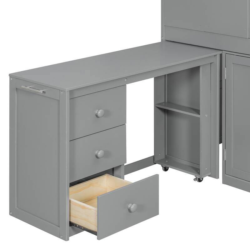 House-Style Kids Loft Bed Frame with Cabinets, Desk, Twin Size Wooden Loft Bed with Safety Guardrail & Storage Ladder