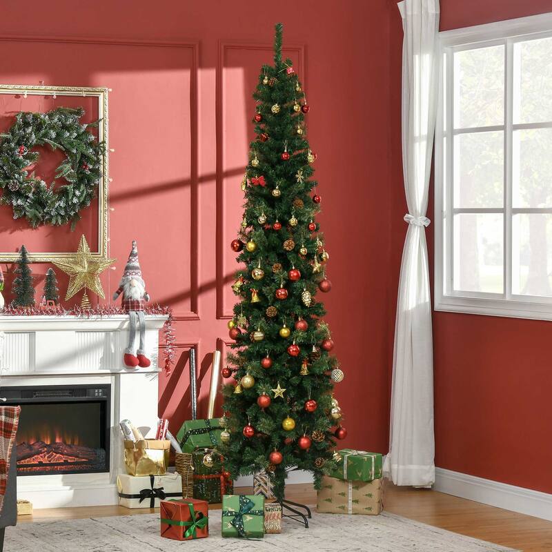 7.5ft Slim Pine Pencil Christmas Tree with Pine Cones, Easy Assembly for Small Spaces