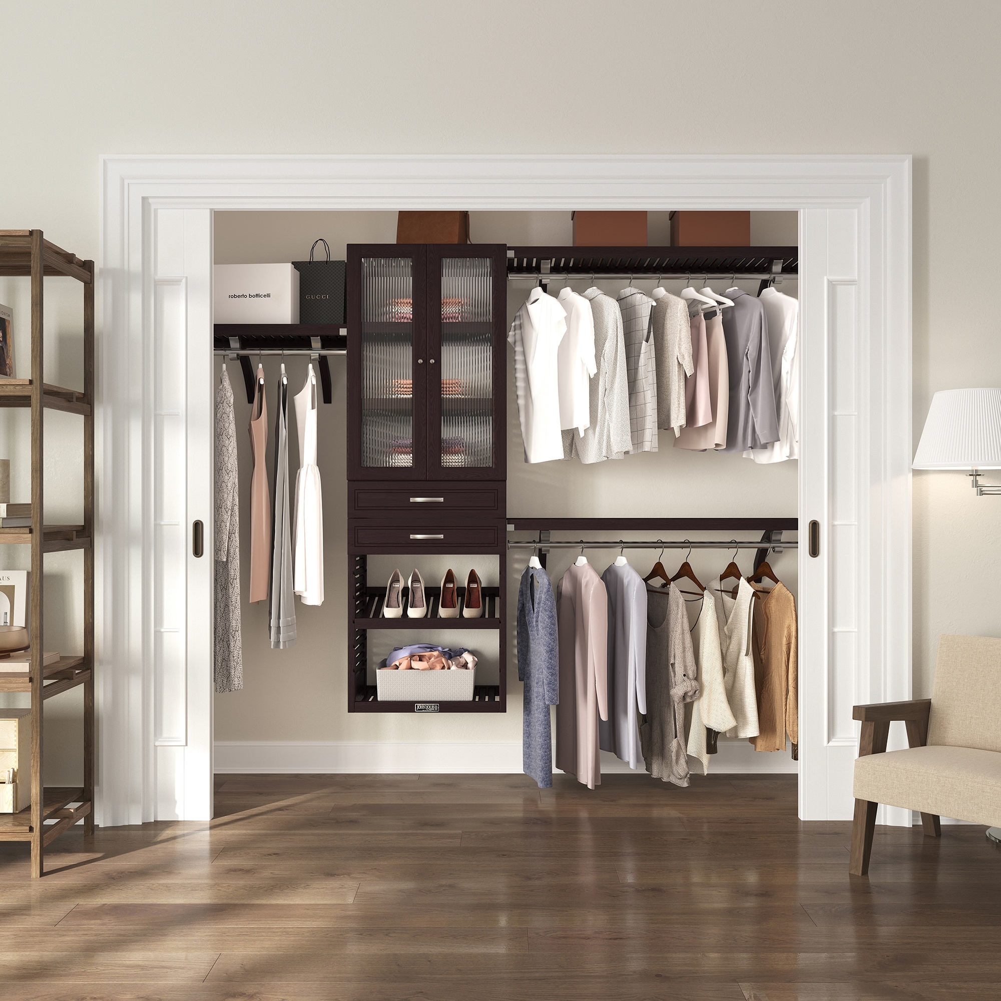 John Louis Home Solid Wood Walk-In Closet System with 2-Drawers and Doors Espresso