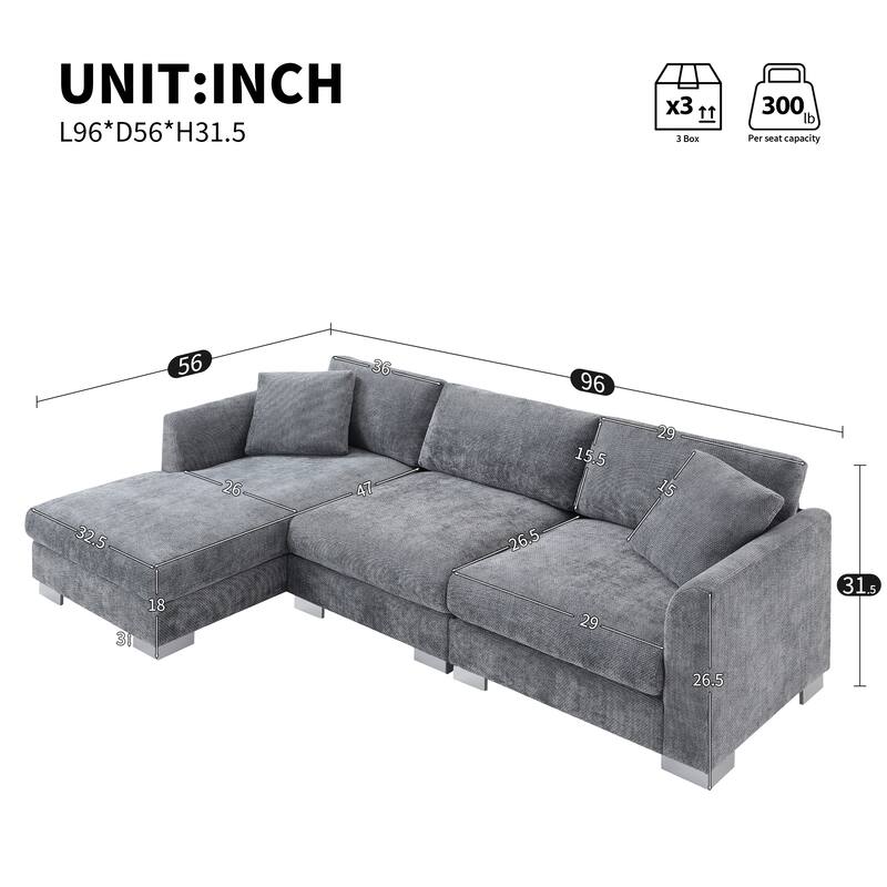 96" Chenille L-Shaped Sectional Sofa with Oversized Chaise, 4-Seater Cloud Couch and Includes 2 Pillows