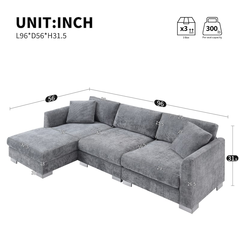 96*56" L-shaped 4-seat Chenille Sofa with Chaise and 2 Pillows, Gray