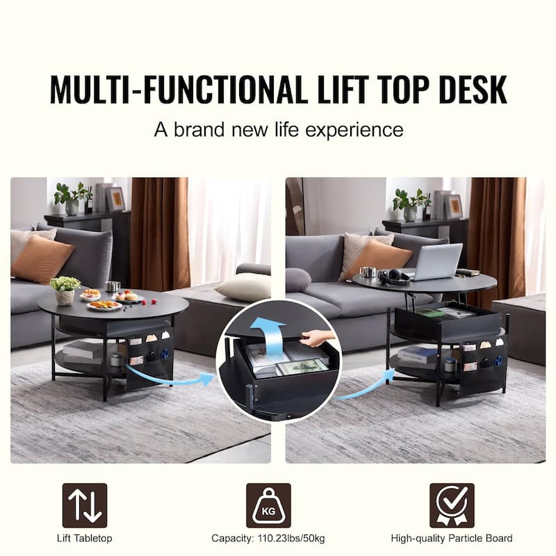 35.3" Round Coffee Table with Lift Top, Hidden Storage & Open Shelf