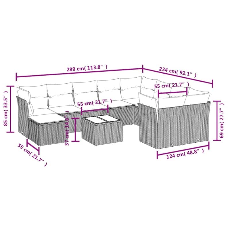 vidaXL Patio Sofa Set with Cushions Outdoor Furniture 11 Piece Poly Rattan - 24.4" x 24.4" x 27.2"
