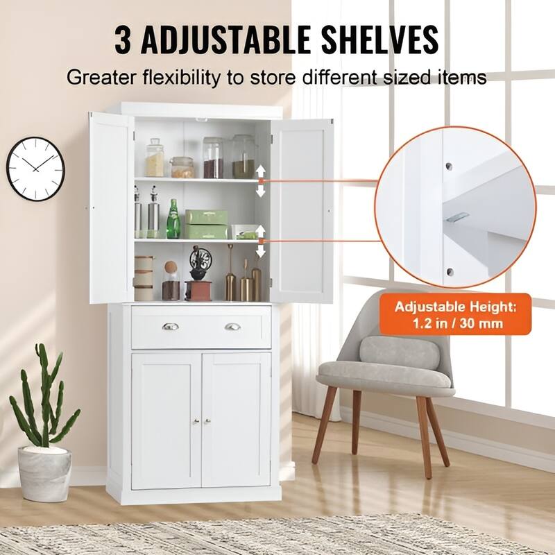 Pearl White MDF Kitchen Pantry Storage Cabinet with Drawer and Adjustable Shelves - 30” L x 16” W x 72” H