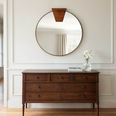 Sagebrook Home Round Wood Piece Mirror, Gold