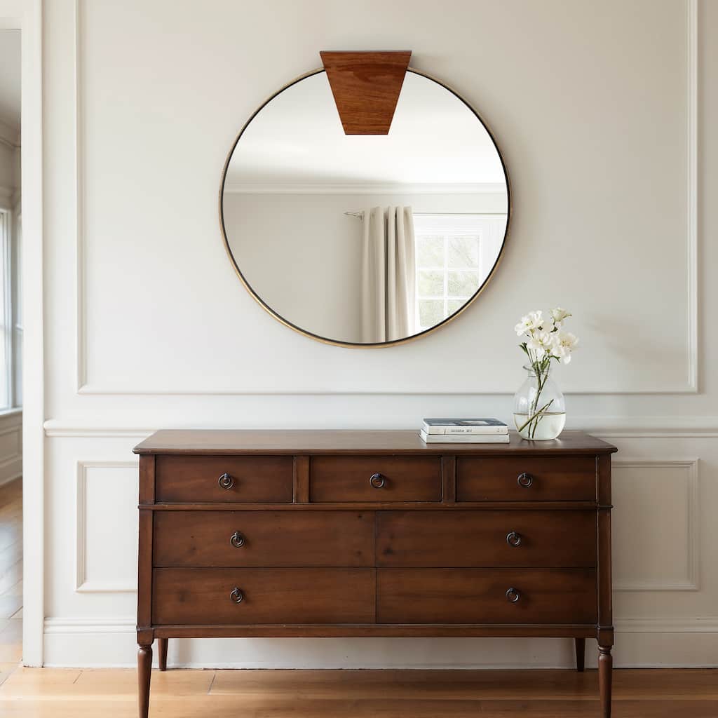 Sagebrook Home Round Wood Piece Mirror, Gold