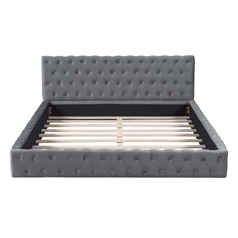 HomeRoots Gray Tufted Velvet Upholstered Queen Bed Frame