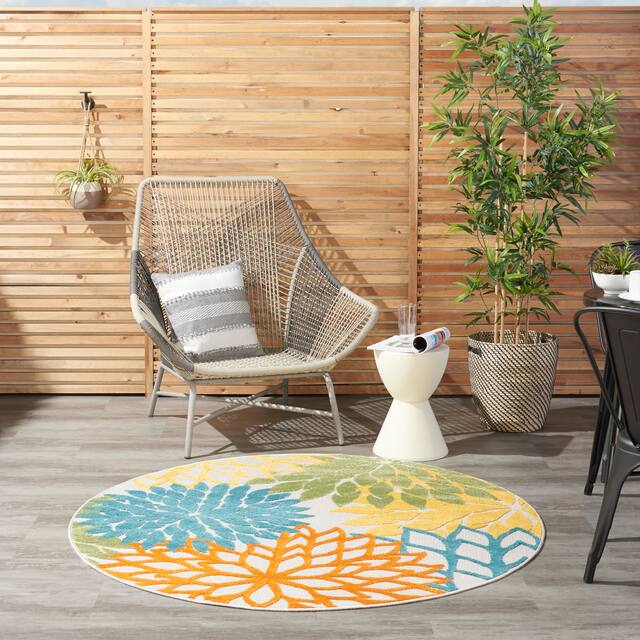 Nourison Aloha Floral Modern Indoor/Outdoor Area Rug - 5'3" Round - Turquoise Multicolor