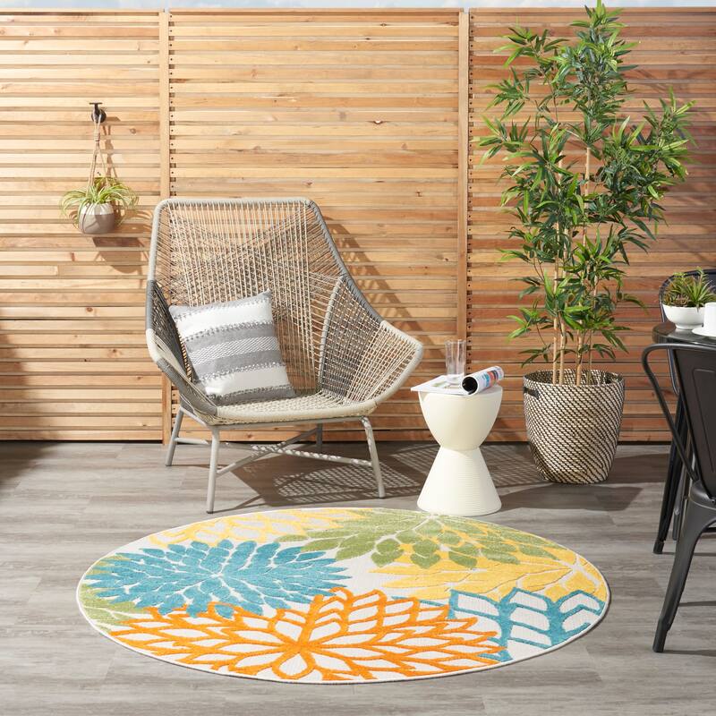 Nourison Aloha Floral Modern Indoor/Outdoor Area Rug - 5'3" Round - Turquoise Multicolor