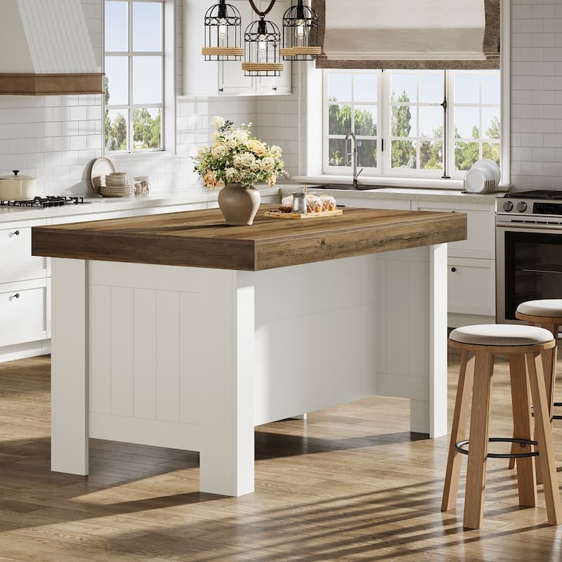 55" Two-Tone Farmhouse Kitchen Island with Storage Shelves