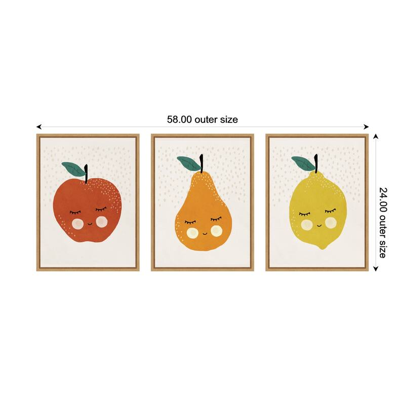 Kate and Laurel Cute Apple Lemon Pear 3 Piece Framed Canvas Wall Art Set by July Art Prints