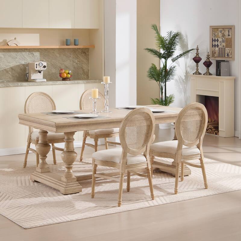 Set of 2 French Country Dining Chairs, Upholstered with Natural Rattan Round Back