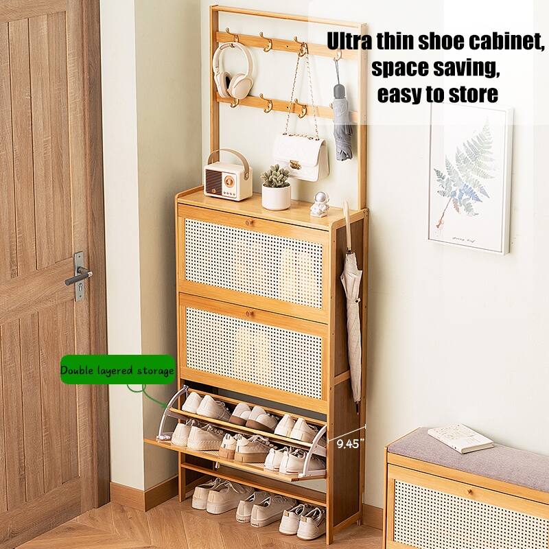 Rattan Shoe Storage Cabinet, 3-Drawer Bamboo Organizer with Coat Hooks, Freestanding for Entryway