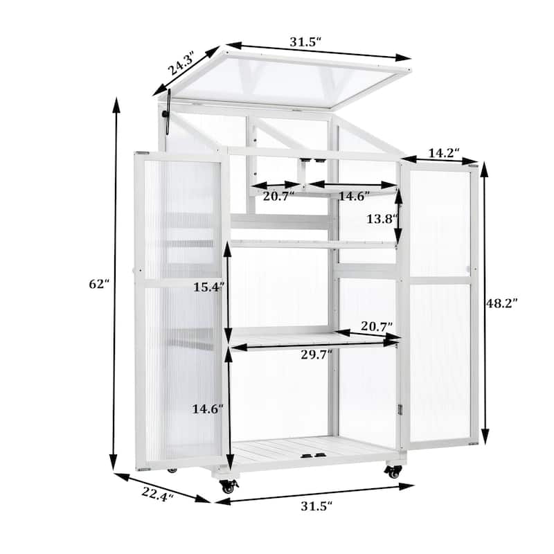 Wooden Large Greenhouse with Wheels and Adjustable Shelves - 62 Inch