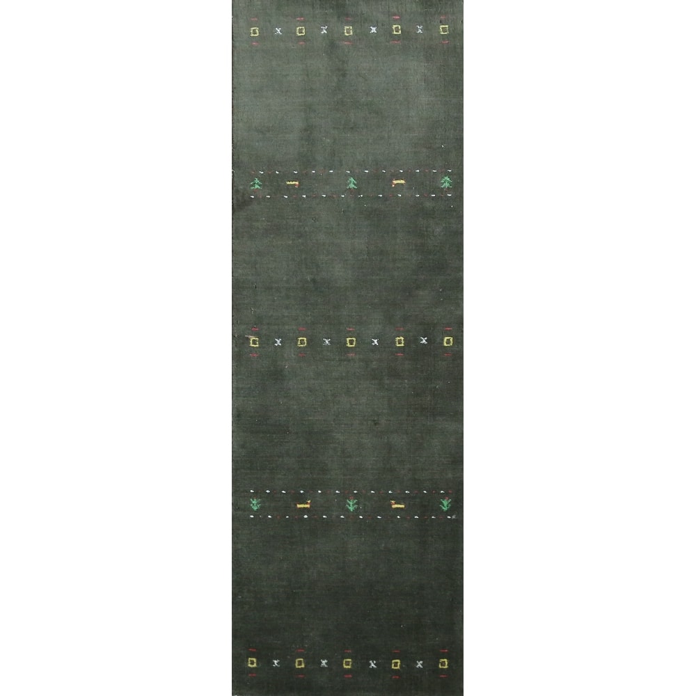 Animals Green Gabbeh Indian Runner Rug Hand-Knotted Wool Carpet - 2'4" x 9'2"