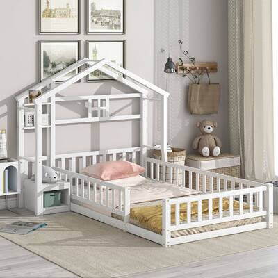 Twin Size Pine Wood House-Style Bed with Fence, No Cushion