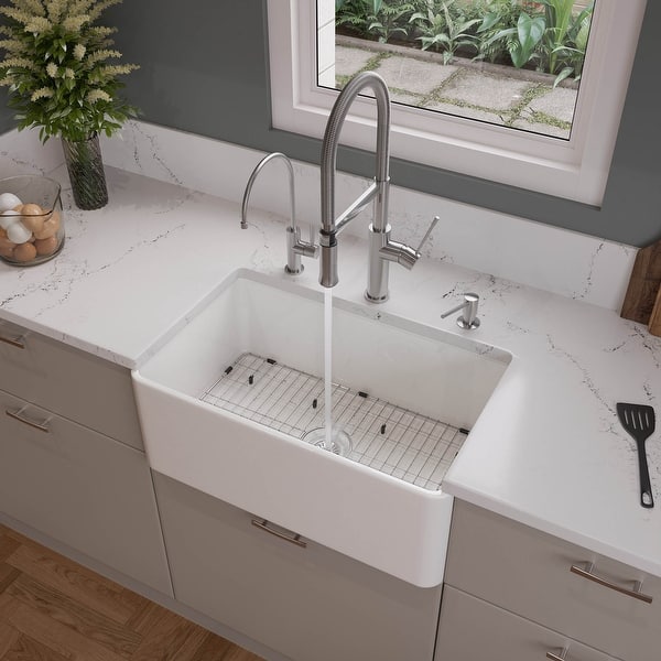 slide 2 of 6, ALFI brand ABF3018 30" White Thin Wall Single Bowl Smooth Apron Fireclay Kitchen Farm Sink