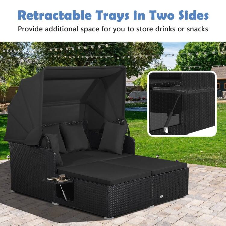 Outdoor Patio Daybed with Canopy and Foldable Side Trays - 65" x 60.5 x 58.5"