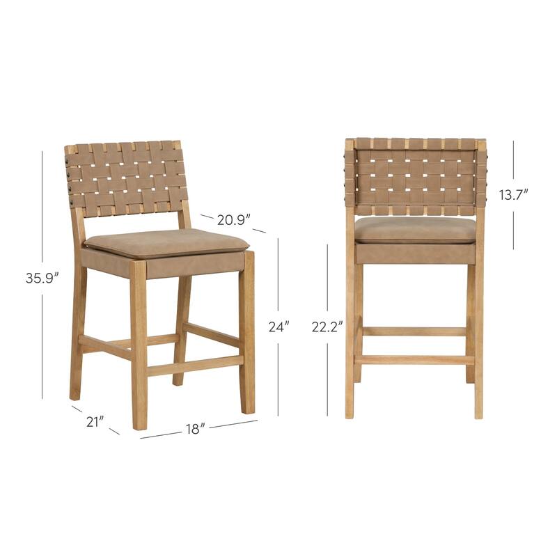 Nathan James Cohen Faux Leather Counter or Bar Height Stool, Solid Wood Frame with Footrest and Woven Leather Back