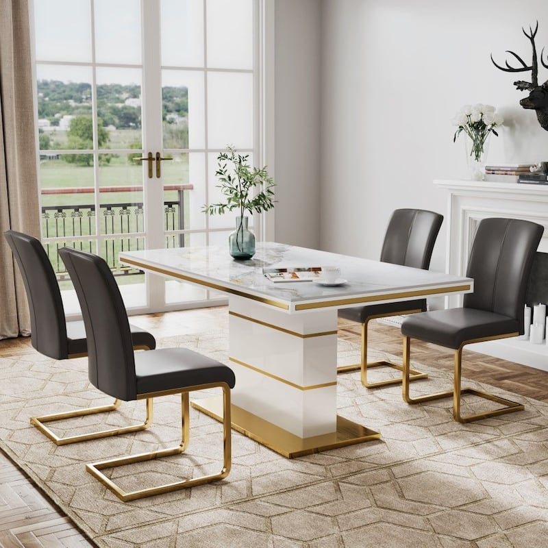 Luxury and Modern Home Dining Side Chair, White Leather Upholstered, Gold Legs, Set of 2, Assembly Needed - 37.80”