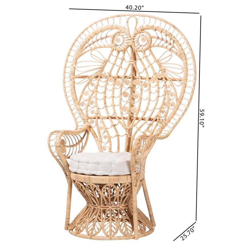 Kimiko Natural Rattan Peacock Chair with Cushion - Handwoven Wicker Accent Chair with Fan Backrest, Boho Coastal Seating