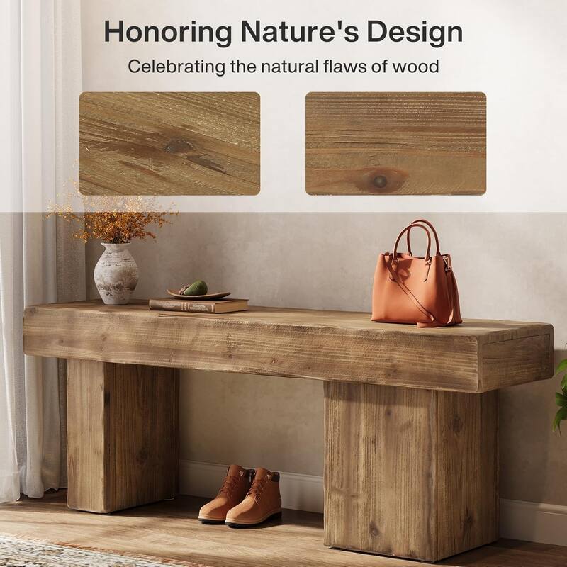 47" Thickened Solid Wood Bench, Rustic Farmhouse Entryway Bench with Artistic Legs