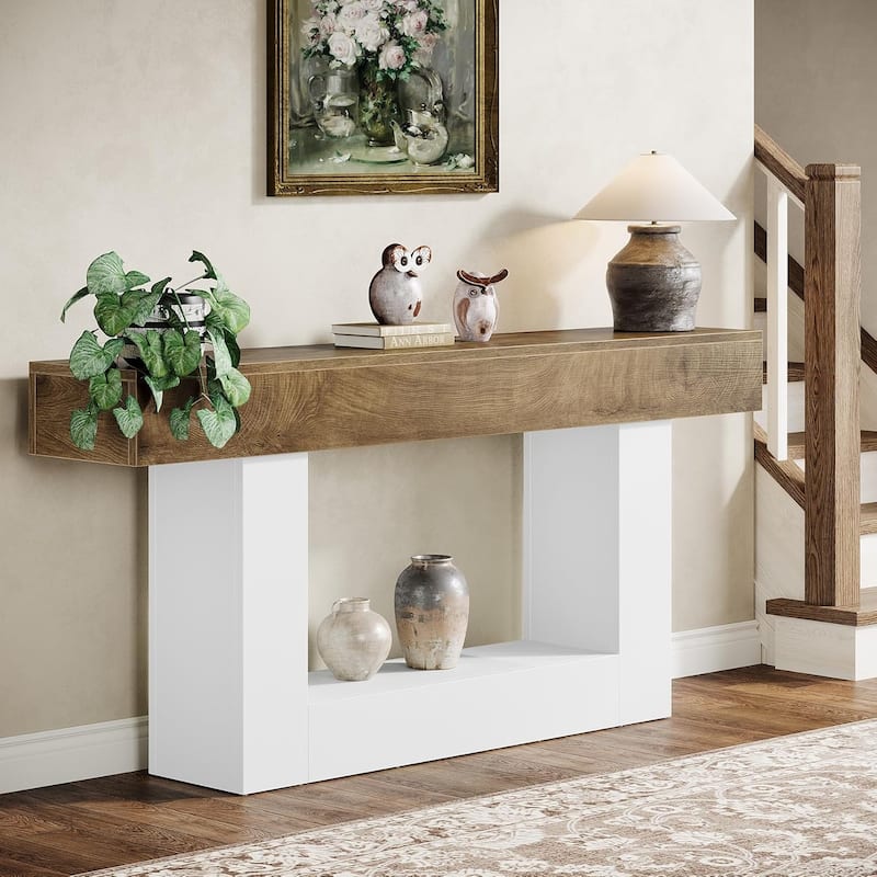 63" Long Console Table, Farmhouse 2-Tier Entryway Table with U-Shaped Base - 63" W x 11.8" D x 32.3" H