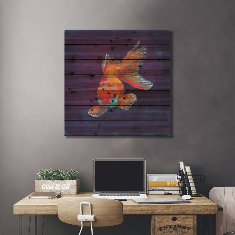 Glowing Gold Fish Print On Wood by Very Berry - Multi-Color