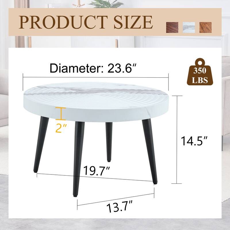 Marble Pattern Round Coffee Table,Exquisite Suction Molding Process,Marble Pattern Design,Black Sprayed Metal Leg