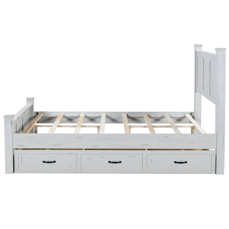 White Distressed Platform Bed Frame Wood Panel Bed w/ 3 Storage Drawers