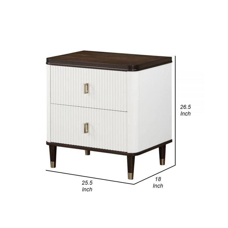 Aren 27 Inch Nightstand, 2 Drawers, USB Charger, Solid Wood, White, Brown