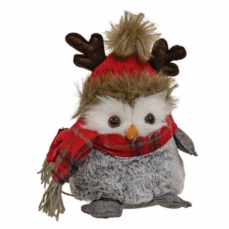 10" Cozy Winter Grey Plush Fuzzy Owl Figurine with Plaid Scarf and Knit Hat Decor - 10" H