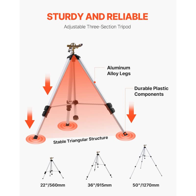 Gray Heavy Duty Tripod Sprinkler with Brass Head and 360 Degree Large Area Coverage Adjustable Height Impact Sprinkler for Yard