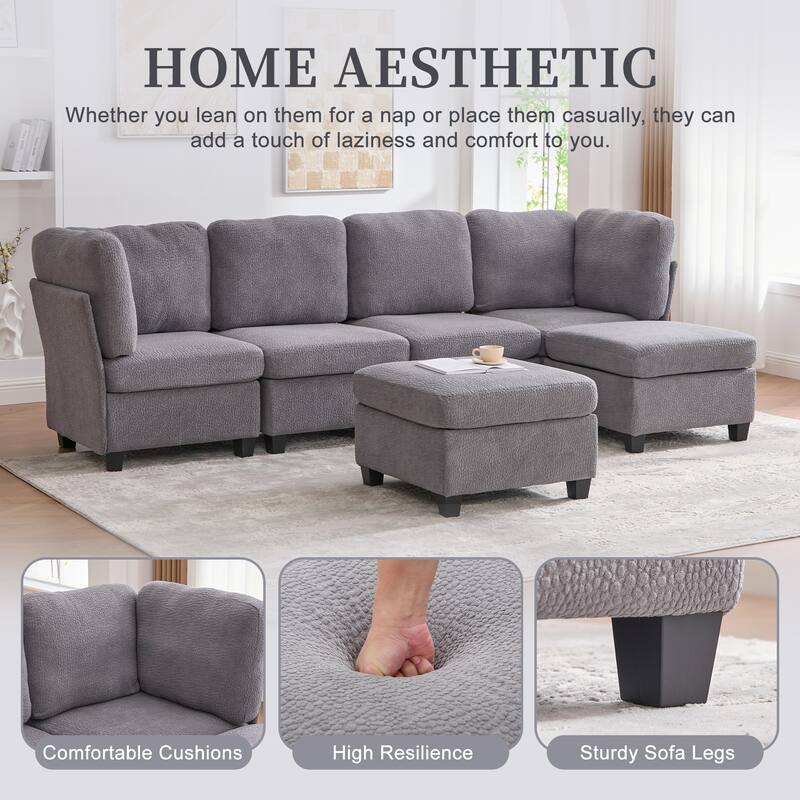 HOMEFUN 6-Seat Polyester Upholstered U-Shaped Modular Storage Sleeper Sectional Sofa with Storage Ottoman