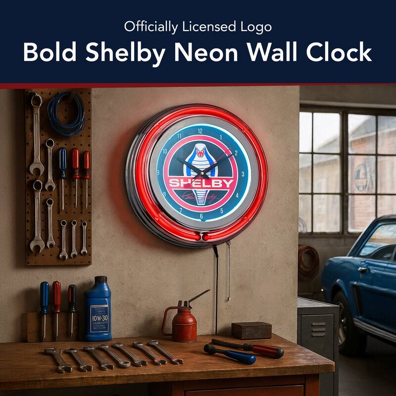 Shelby Retro Round Neon Wall Analog Clock with Pull Chain - 14.5" - 14.5" H x 14.5" L x 3.25" D