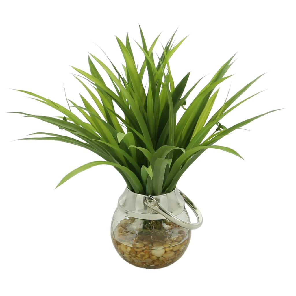 Grass Leaf Plant in Glass Vase with Rocks - Green