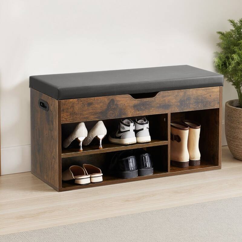 Brown Entryway Shoe Storage Bench with Cushion Seat and Hidden Compartment for Boots and Slippers - 31.7 x 12.0 x 17.5 Inch