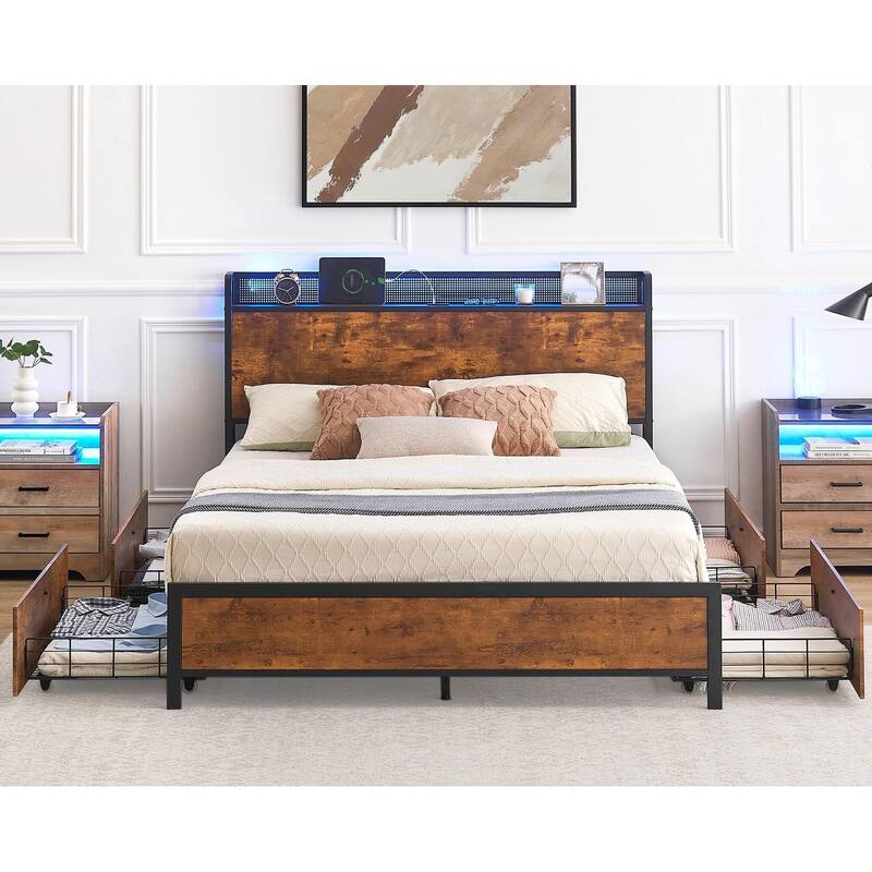 Bed Frame with Storage Drawers and Charging Station - Brown - Queen
