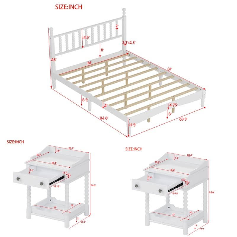 3-Pieces Retro Style Bedroom Sets, Queen Size Platform Bed with Gourd Shaped Headboard, Storage Nightstand