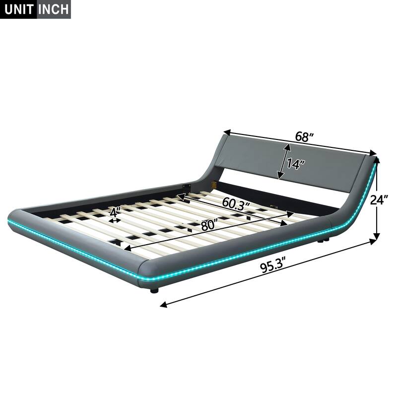 Queen Leather Upholstery Platform Bed Frame with Sloped Headboard, Low