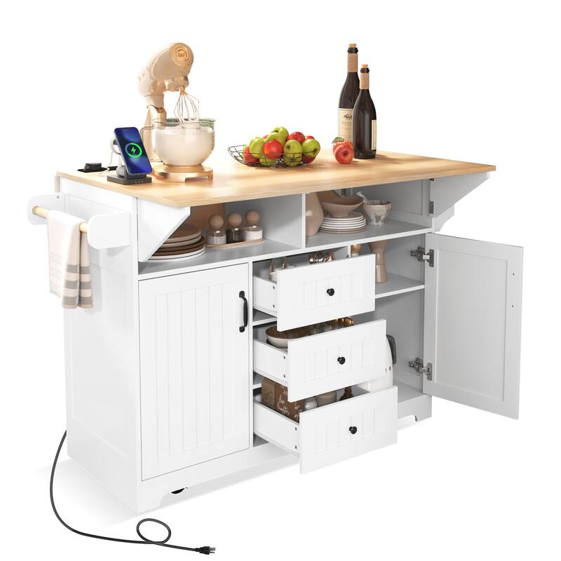 55.7" Large Kitchen Island with 2 Drop Leaf, on 5 Wheels with Power Outlet, Dining Table with Spice Towel Rack, 3 Drawers
