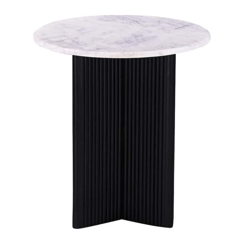 Luxurious Round Mable Topped Pedestal Side/End Table, Living Room Accent Table, White/Black