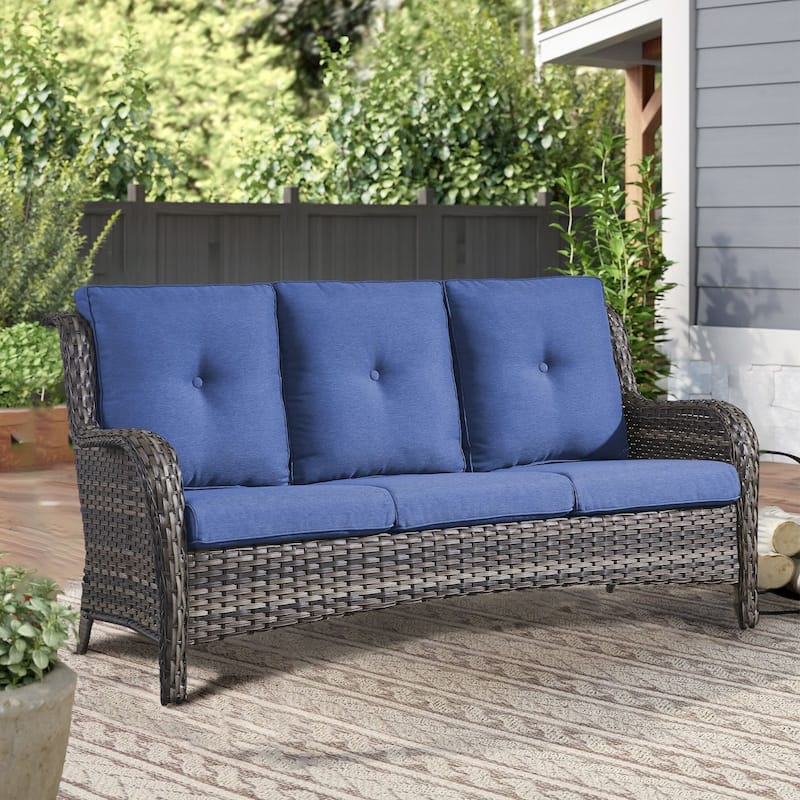 3-Seat Patio Wicker Sofa Outdoor Rattan Sofa - Blue - Grey