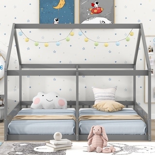 Twin Size House Platform Bed Frame with Fence,Two Shared Beds
