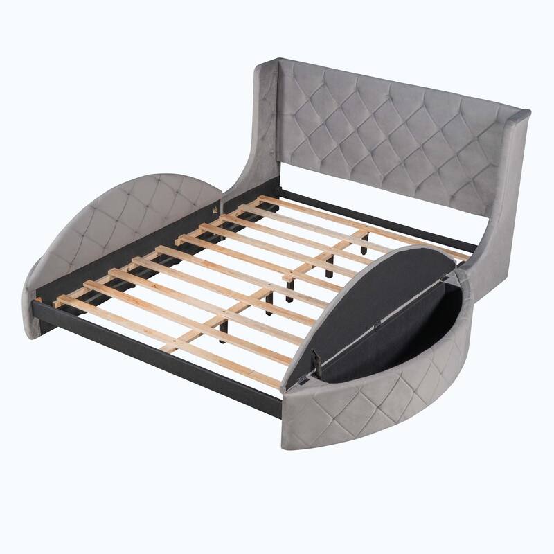 Queen Size Upholstered Platform Bed with Wingback Headboard and 1 Big Drawer,2 Side Storage Stool