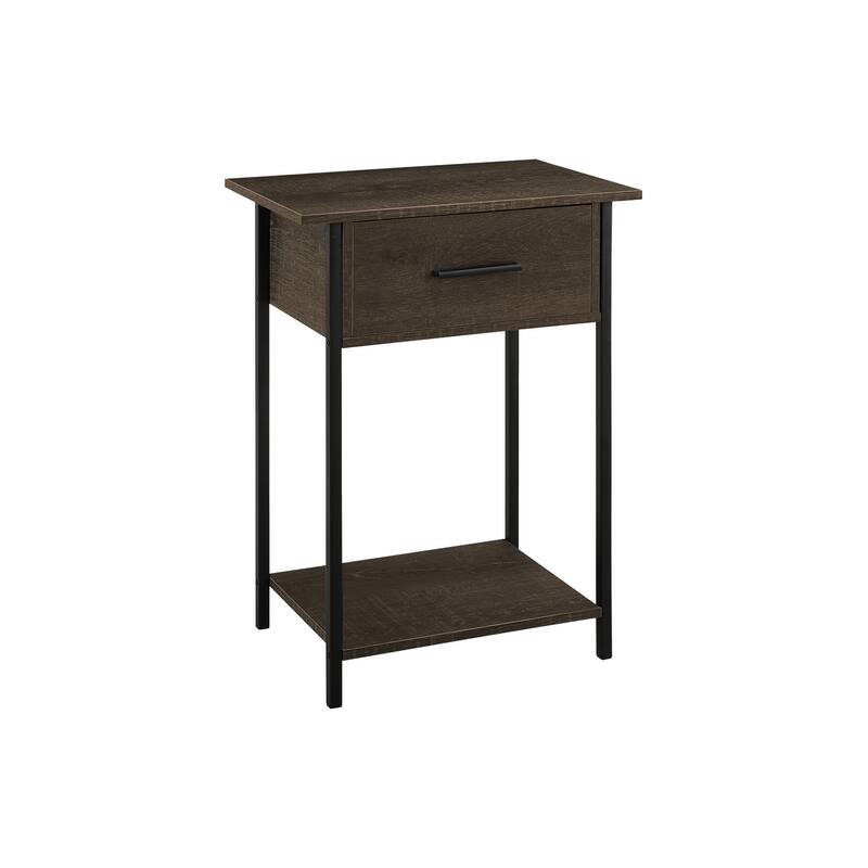 Accent Table, 2 Tier, End, Lamp, Living Room, Side Table, Storage Drawer, Small, Dark Oak Laminate, Black Metal, Contemporary - Black