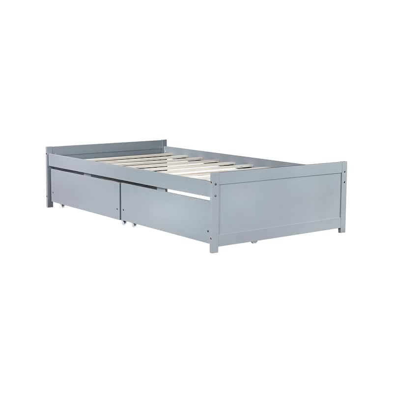 Roomfitters Twin Rubber Wood Bed Frame with Two Pull-Out Storage Units, Low Profile Platform Design