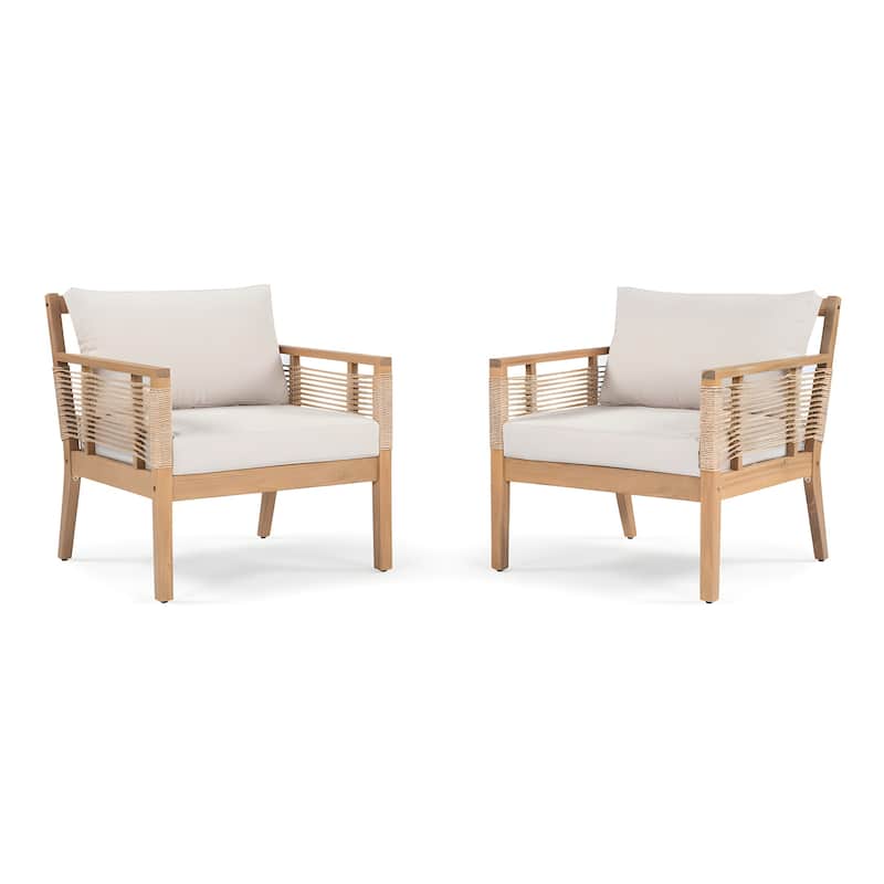 Roomfitters Set of 2 Patio Club Chairs, Outdoor Wood Lounge Chair with Upholstered Cushions, Rope Weave, Teak+ Beige